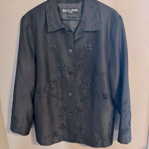 Silkland black with embroidery design button up jacket with slit hem.